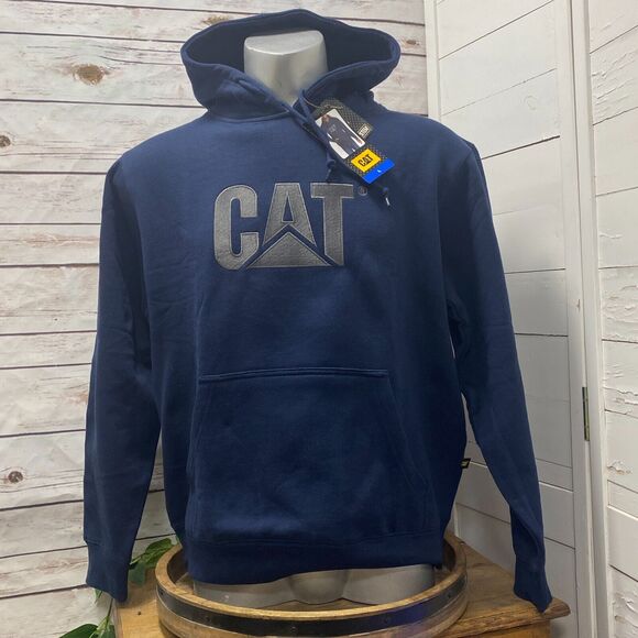 CAT Caterpillar Heavy Equipment Logo Hoodie Sweatshirt Pullover Blue Silver L - Picture 1 of 6